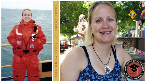 young woman in coast guard uniform on a ship and also years later in civilian clothes.